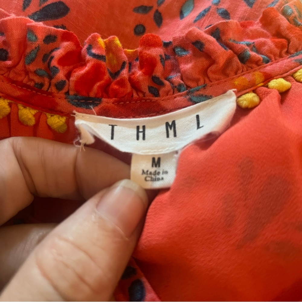 THML Sz M Mini Dress Linen-like Orange Printed Floral Tiered Blousy Sleeve Boho - Picture 7 of 8